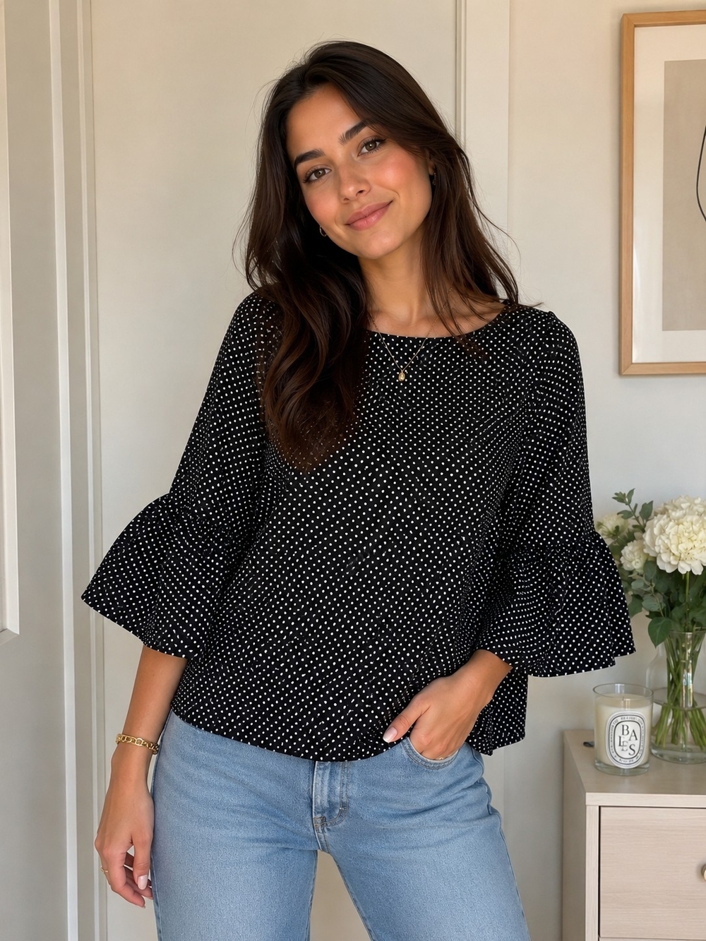 Talbots Black With Small White Polka Dot Bell Sleeve Blouse